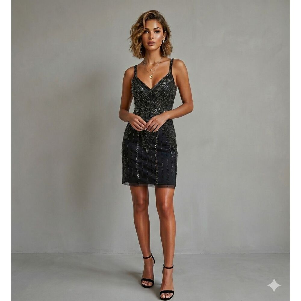 Marina Black Silver Sequin Mini Dress Y2K Beaded Cocktail Party New Years Size2